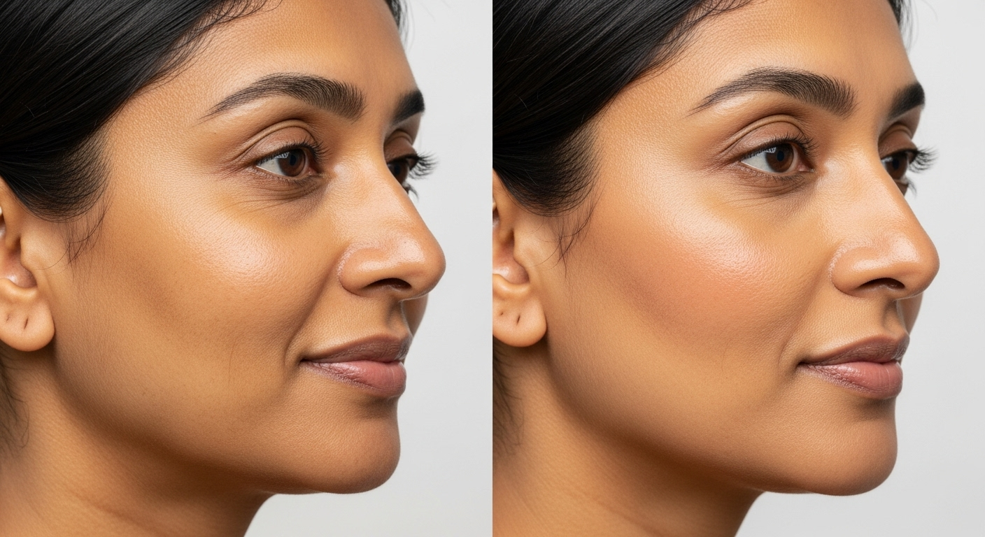 Dermal filler before and after for nasolabial folds and cheek volume on Indian skin