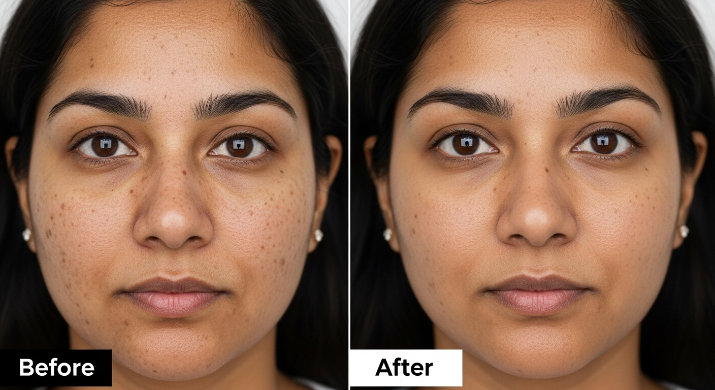 Q-Switched laser before and after for age spots and pigmentation on Indian skin