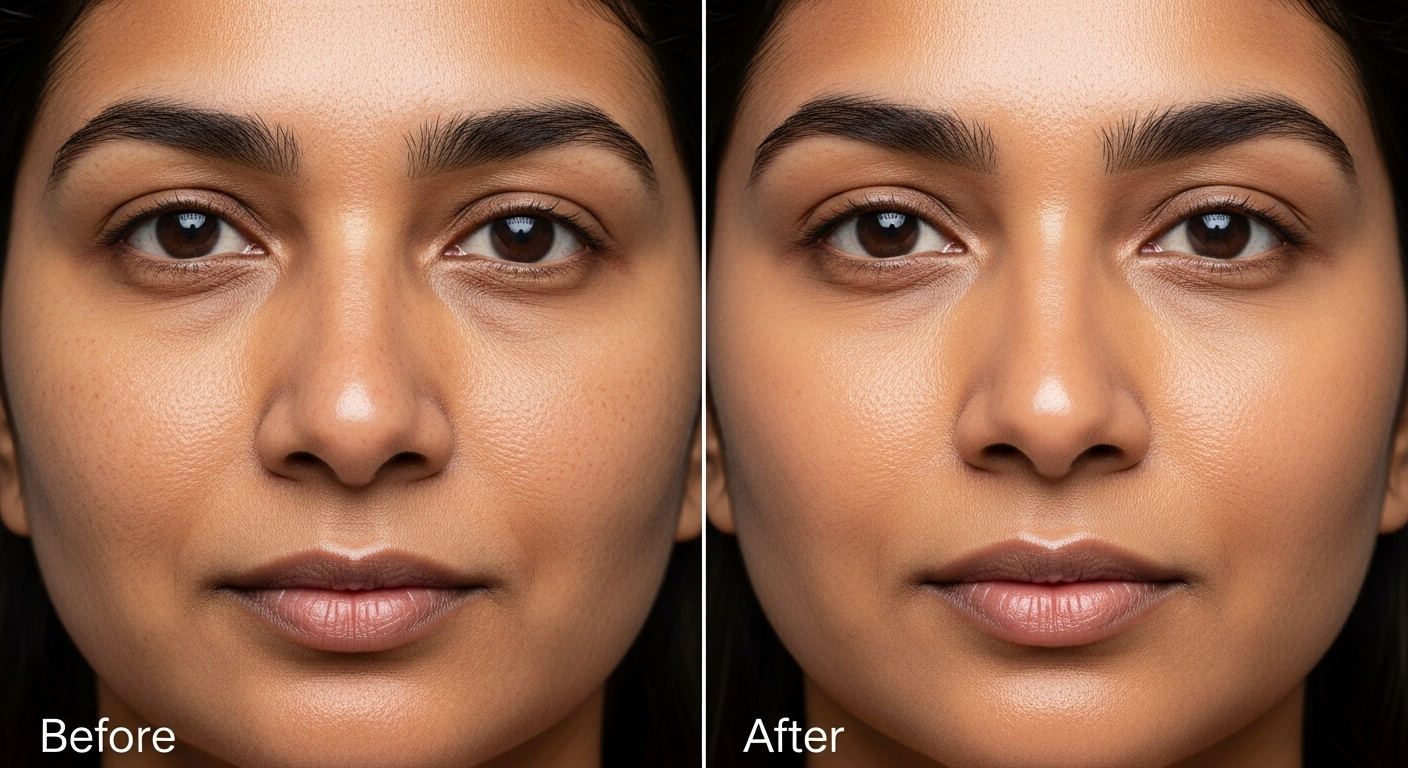 Retinoid treatment before and after results on Indian skin - showing improved texture and reduced fine lines