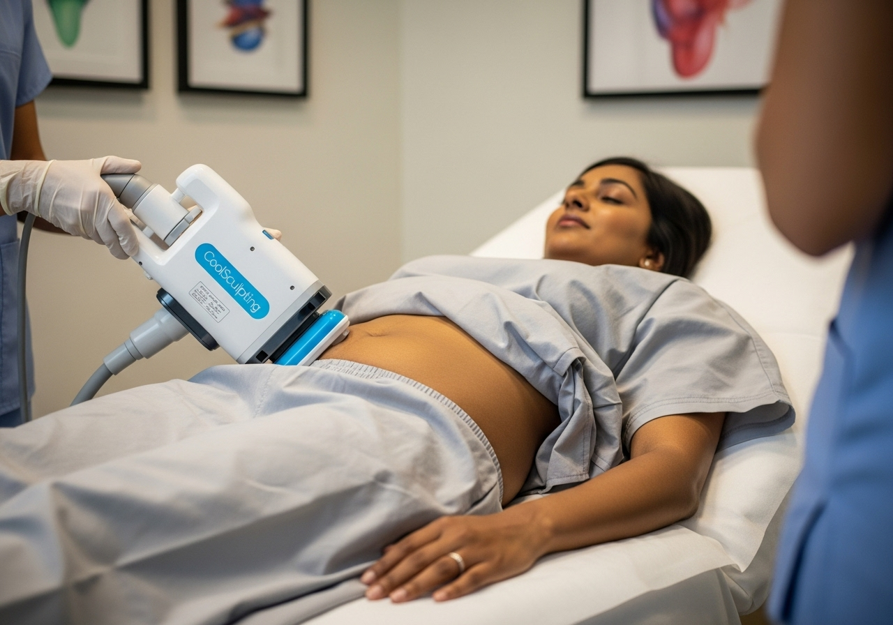 CoolSculpting fat freezing treatment in progress on Indian patient's abdomen