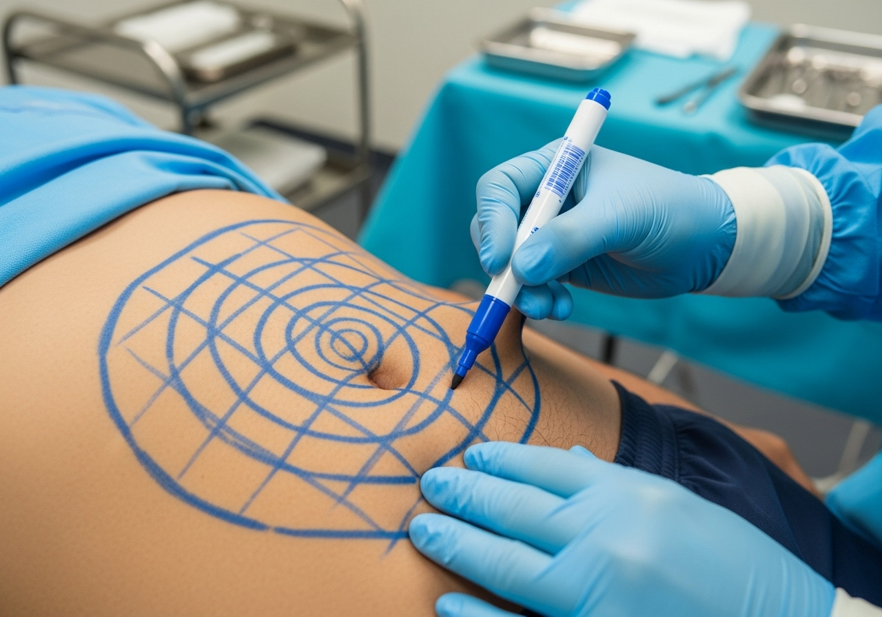 Liposuction procedure preparation on Indian patient - surgical marking for precision fat removal
