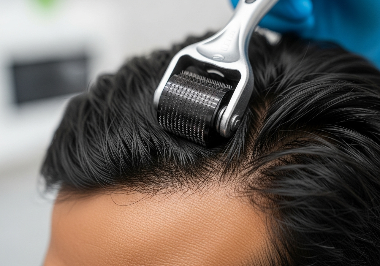 Microneedling derma roller being used on Indian scalp to enhance minoxidil absorption