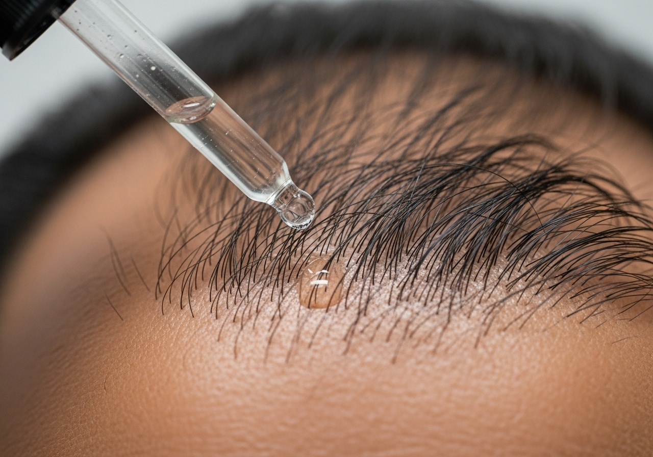 Minoxidil topical solution being applied to Indian scalp for hair loss treatment